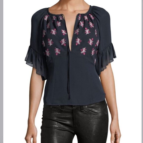 NWT Cinq A Sept Daria Split Neck Silk Blouse Navy Blue Small - Picture 12 of 12